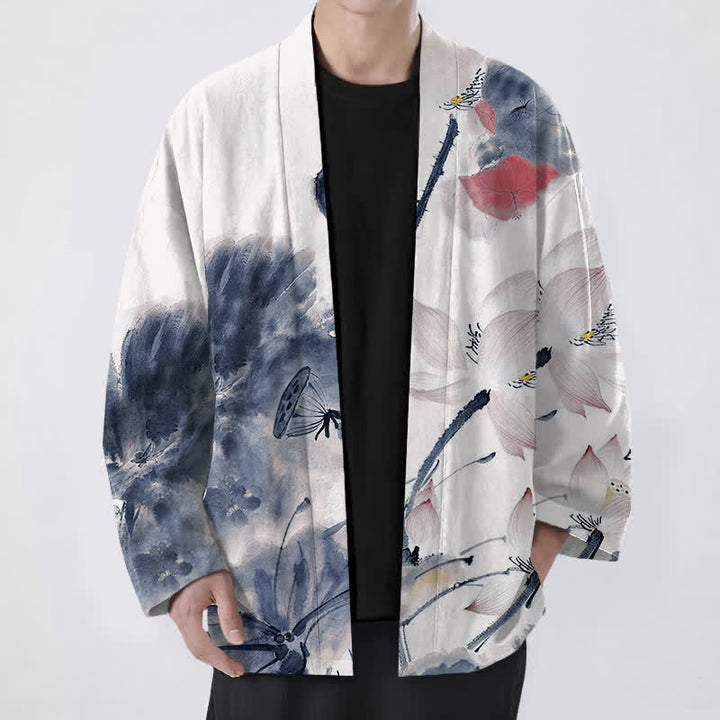 Buddha Stones 綿インク蓮柄前開きメンズ着物 - スチールブルー - US/UK/AU48、 EU58 (4XL) - image 6