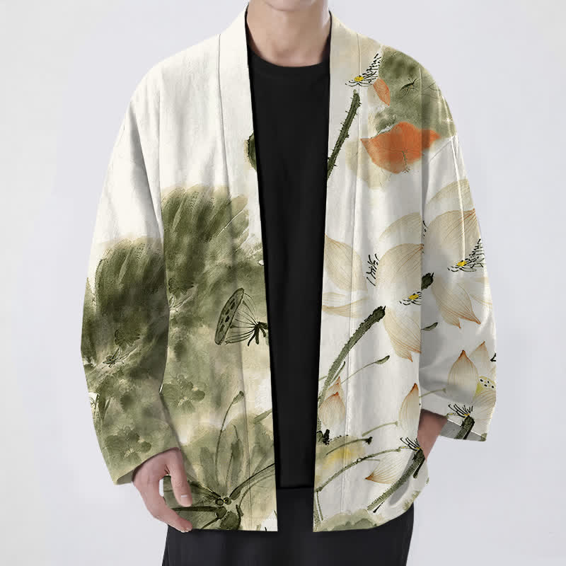 Buddha Stones 綿インク蓮柄前開きメンズ着物 - オリーブドラブ - US/UK/AU48、 EU58 (4XL) - image 9