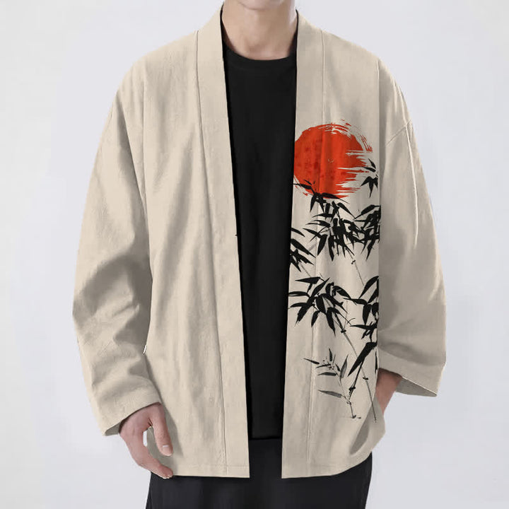 Buddha Stones 綿素材、赤太陽柄、竹墨模様、前開きメンズ着物 - ベージュ - US/UK/AU48、 EU58 (4XL) - image 0