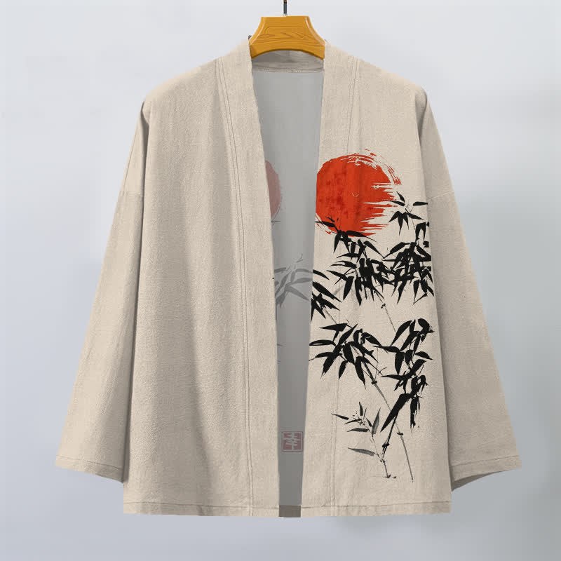 Buddha Stones 綿素材、赤太陽柄、竹墨模様、前開きメンズ着物 - image 1