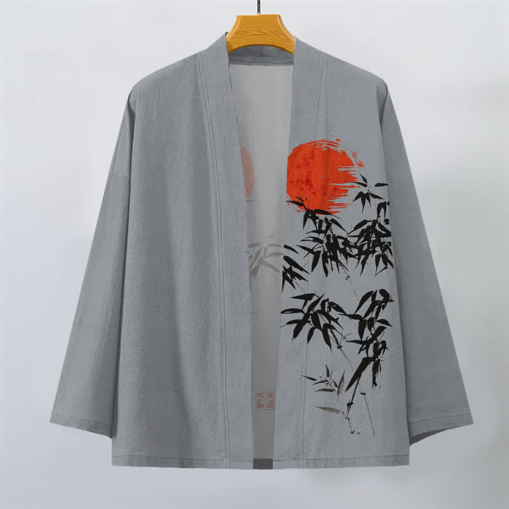 Buddha Stones 綿素材、赤太陽柄、竹墨模様、前開きメンズ着物 - image 10