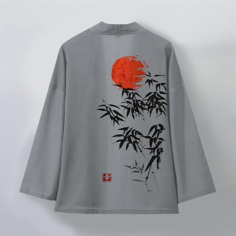 Buddha Stones 綿素材、赤太陽柄、竹墨模様、前開きメンズ着物 - image 11
