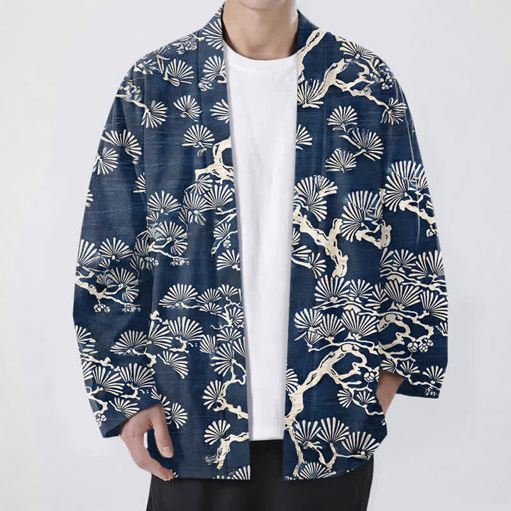 Buddha Stones 綿松の枝扇模様のオープンフロントメンズ着物 - 海軍 - US/UK/AU48、 EU58 (4XL) - image 0