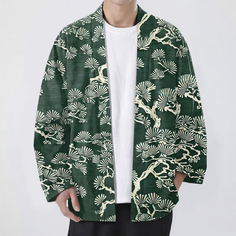 Buddha Stones 綿松の枝扇模様のオープンフロントメンズ着物 - フォレストグリーン - US/UK/AU48、 EU58 (4XL) - image 6