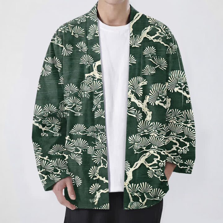 Buddha Stones 綿松の枝扇模様のオープンフロントメンズ着物 - フォレストグリーン - US/UK/AU48、 EU58 (4XL) - image 6