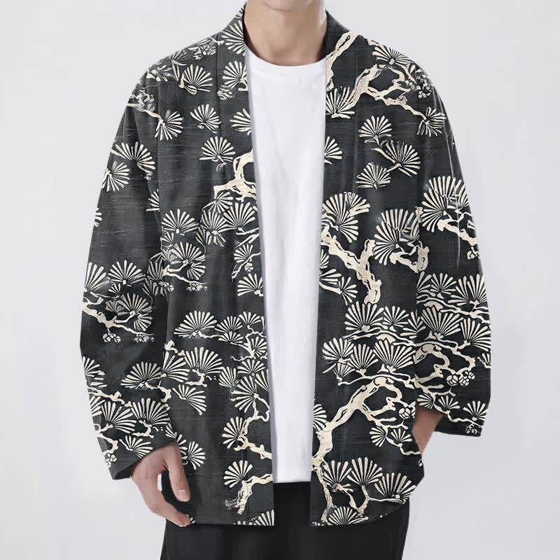 Buddha Stones 綿松の枝扇模様のオープンフロントメンズ着物 - 薄暗い灰色 - US/UK/AU48、 EU58 (4XL) - image 9