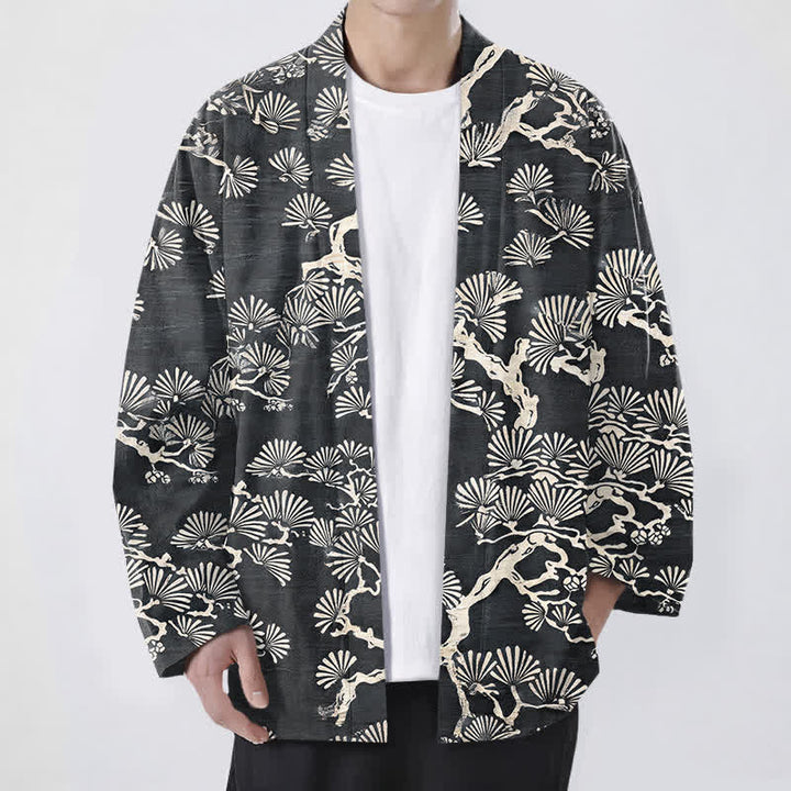 Buddha Stones 綿松の枝扇模様のオープンフロントメンズ着物 - 薄暗い灰色 - US/UK/AU48、 EU58 (4XL) - image 9