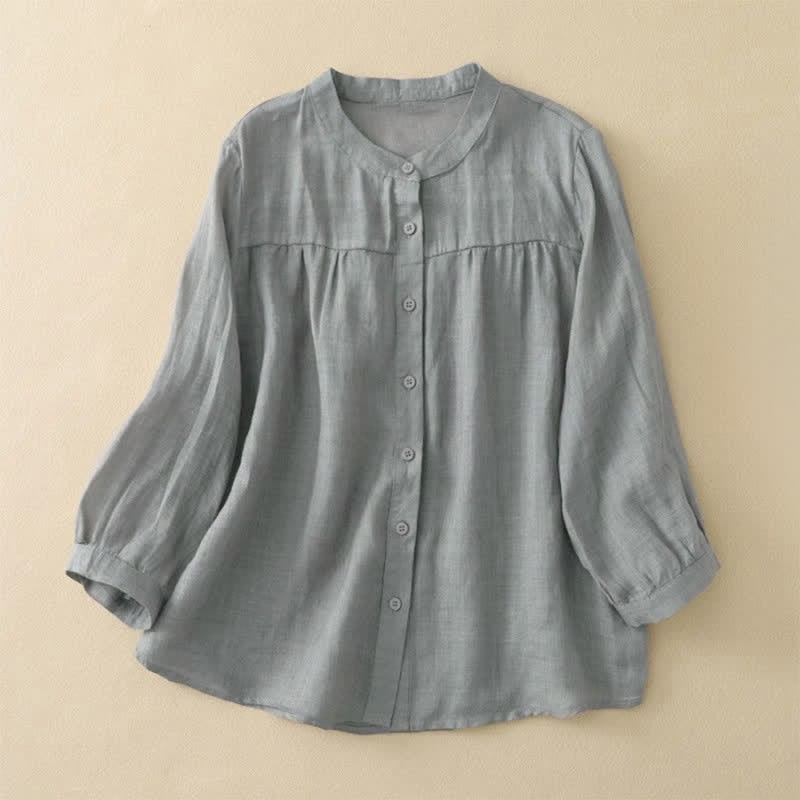 Buddha Stones 無地クルーネックボタンデザイン七分袖レディースシャツ - グレー - US14、 UK/AU18、 EU46 (3XL) - image 0