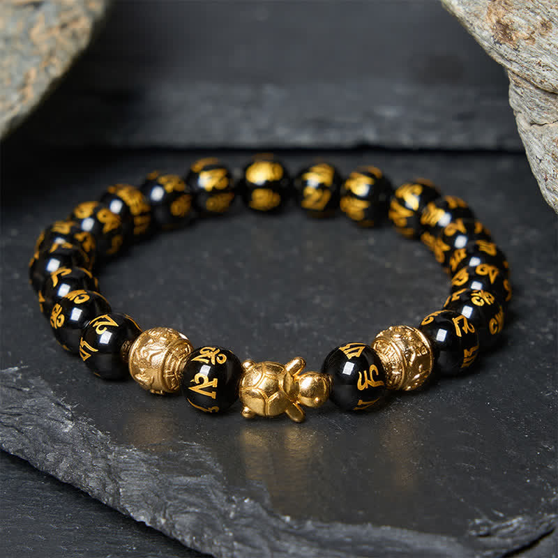 Buddha Stones 天然ブラックオニキスビーズのオーム・マニ・パドメ・フム・タートル・強さブレスレット - 8mm ブラックオニキス（手首周り：5.9～6.3インチ／15～16cm） - image 0