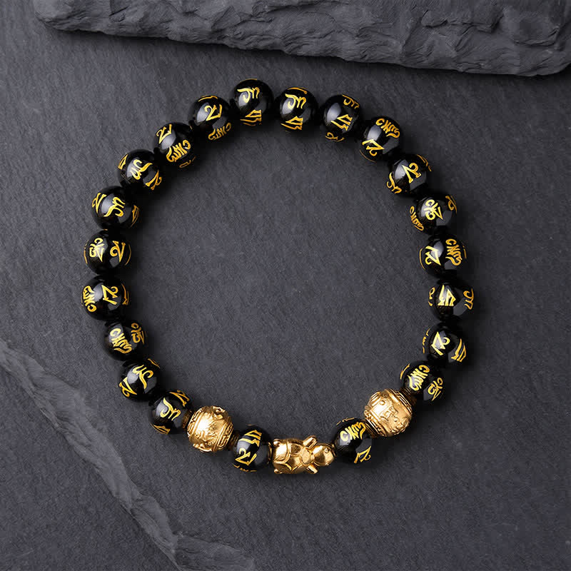 Buddha Stones 天然ブラックオニキスビーズのオーム・マニ・パドメ・フム・タートル・強さブレスレット - image 1