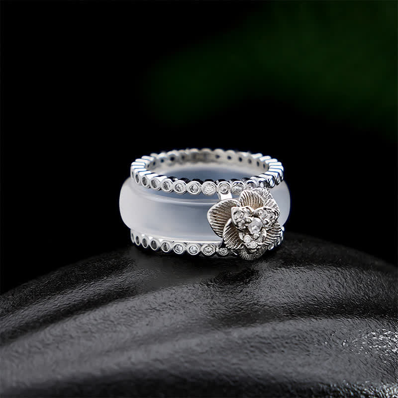 Buddha Stones 銅象嵌の白椿レトロ中国風重ね付けリング - 白い椿の指輪 - US7（17.3mm） - image 0