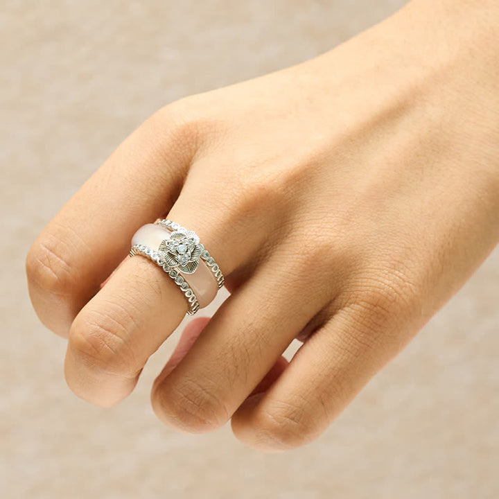Buddha Stones 銅象嵌の白椿レトロ中国風重ね付けリング - image 3