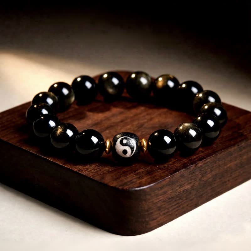 Buddha Stones ゴールデンシーンオブシディアン陰陽保護バランスブレスレット - ゴールデンシーンオブシディアン - 12mm（6.7～7.1インチ／17～18cm） - image 0