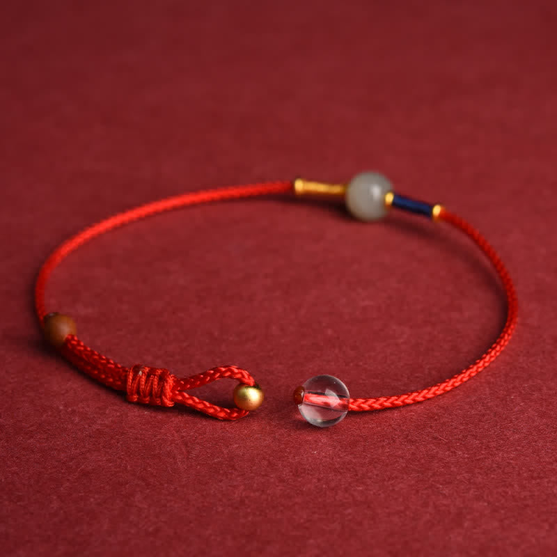 Buddha Stones 調節可能な翡翠の丸いビーズと赤紐のハーモニーブレスレット/アンクレット - image 3