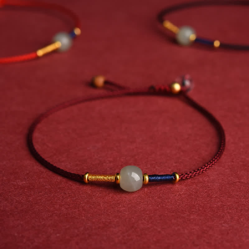 Buddha Stones 調節可能な翡翠の丸いビーズと赤紐のハーモニーブレスレット/アンクレット - ブレスレット - ダークレッド (15～21cm) - image 0