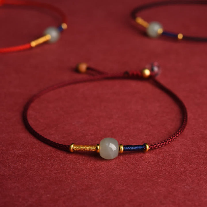 Buddha Stones 調節可能な翡翠の丸いビーズと赤紐のハーモニーブレスレット/アンクレット - ブレスレット - ダークレッド (15～21cm) - image 0