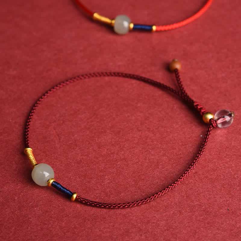 Buddha Stones 調節可能な翡翠の丸いビーズと赤紐のハーモニーブレスレット/アンクレット - image 1
