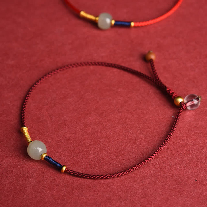 Buddha Stones 調節可能な翡翠の丸いビーズと赤紐のハーモニーブレスレット/アンクレット - image 1