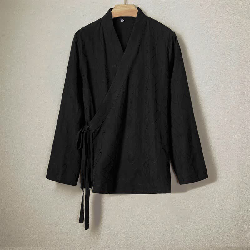 Buddha Stones 春夏向けミニマルカジュアルドローストリング無地コットンメンズ長袖シャツ - 黒 - US/UK/AU44、 EU54 (4XL) - image 0