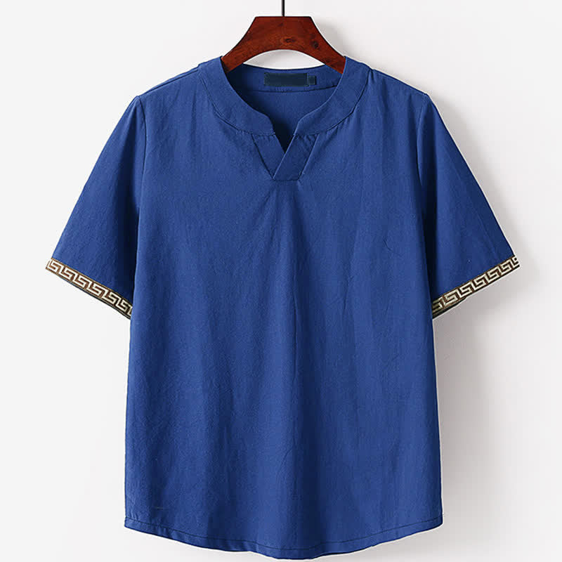 Buddha Stones 夏用刺繍入り半袖ノッチドカラーメンズコットンリネンTシャツ - スチールブルー - 米国/UK/AU56、EU66（9XL） - image 0