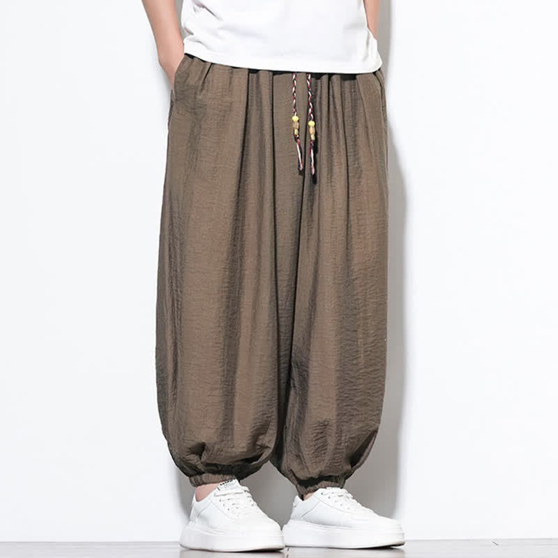Buddha Stones 夏物カジュアルボヘミアン風ドローストリング無地クロップドパンツメンズハーレムパンツポケット付き - image 21