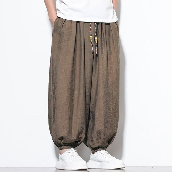 Buddha Stones 夏物カジュアルボヘミアン風ドローストリング無地クロップドパンツメンズハーレムパンツポケット付き - image 21