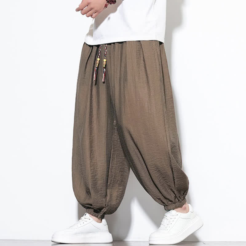 Buddha Stones 夏物カジュアルボヘミアン風ドローストリング無地クロップドパンツメンズハーレムパンツポケット付き - image 20