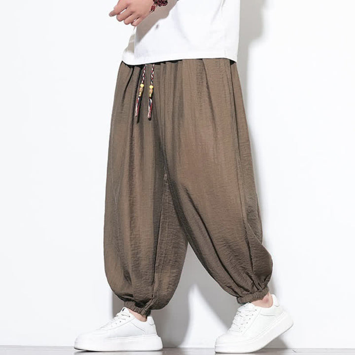 Buddha Stones 夏物カジュアルボヘミアン風ドローストリング無地クロップドパンツメンズハーレムパンツポケット付き - image 20