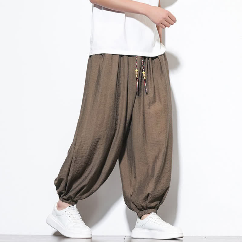 Buddha Stones 夏物カジュアルボヘミアン風ドローストリング無地クロップドパンツメンズハーレムパンツポケット付き - image 19