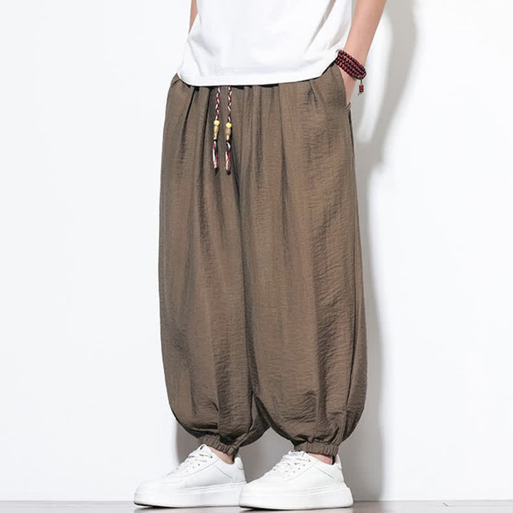 Buddha Stones 夏物カジュアルボヘミアン風ドローストリング無地クロップドパンツメンズハーレムパンツポケット付き - image 24