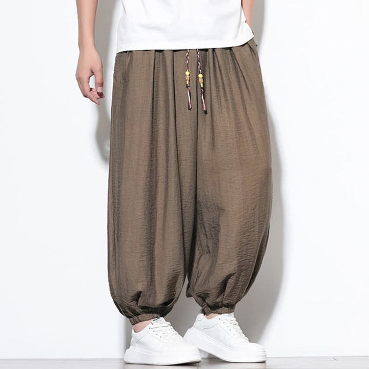 Buddha Stones 夏物カジュアルボヘミアン風ドローストリング無地クロップドパンツメンズハーレムパンツポケット付き - image 25