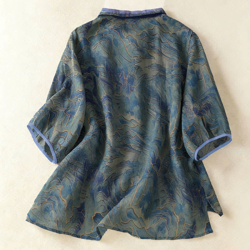 Buddha Stones 夏物 花柄プリント ボタンアップ マンダリンカラー シフォン レディース 肘丈袖シャツ - image 1