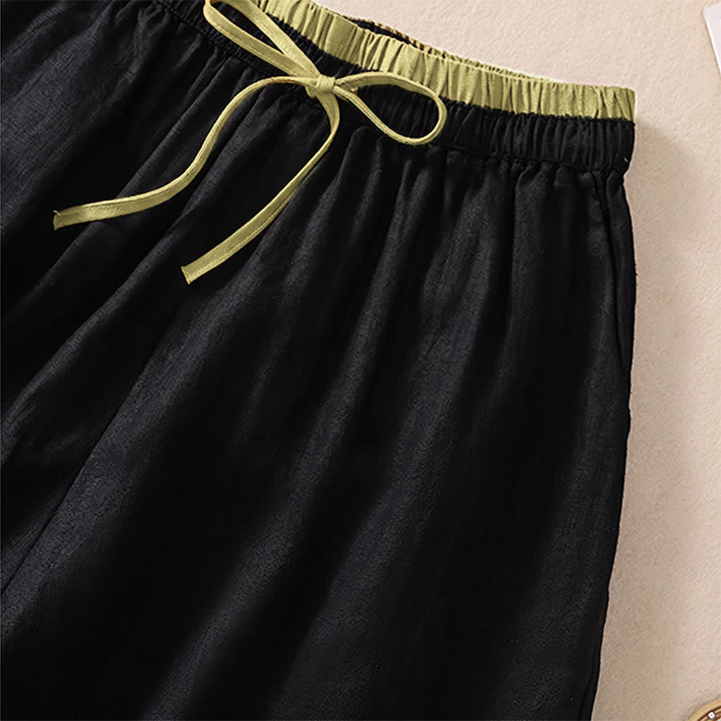 Buddha Stones無地 コントラストカラー ウエスト レースアップ コットンリネン レディース ショートパンツ ポケット付き - image 10