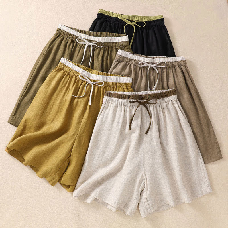 Buddha Stones無地 コントラストカラー ウエスト レースアップ コットンリネン レディース ショートパンツ ポケット付き - image 0