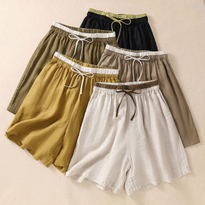Buddha Stones無地 コントラストカラー ウエスト レースアップ コットンリネン レディース ショートパンツ ポケット付き - image 0