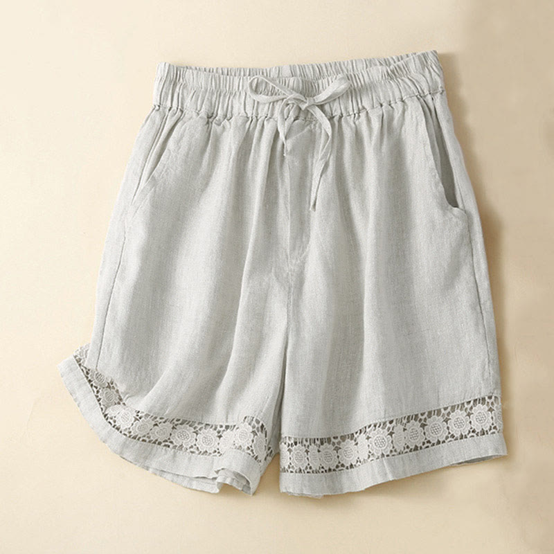 レースアップ ショーツ レディース 無地 コットンリネン ポケット付き Buddha Stones - ベージュ - US12、 UK/AU16、 EU44 (3XL) - image 0