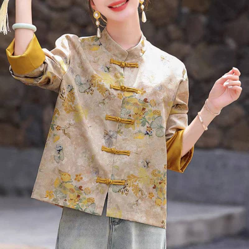 Buddha Stones 秋のヴィンテージ風唐草スタイルカエルボタン金花柄レディースジャケット - image 1