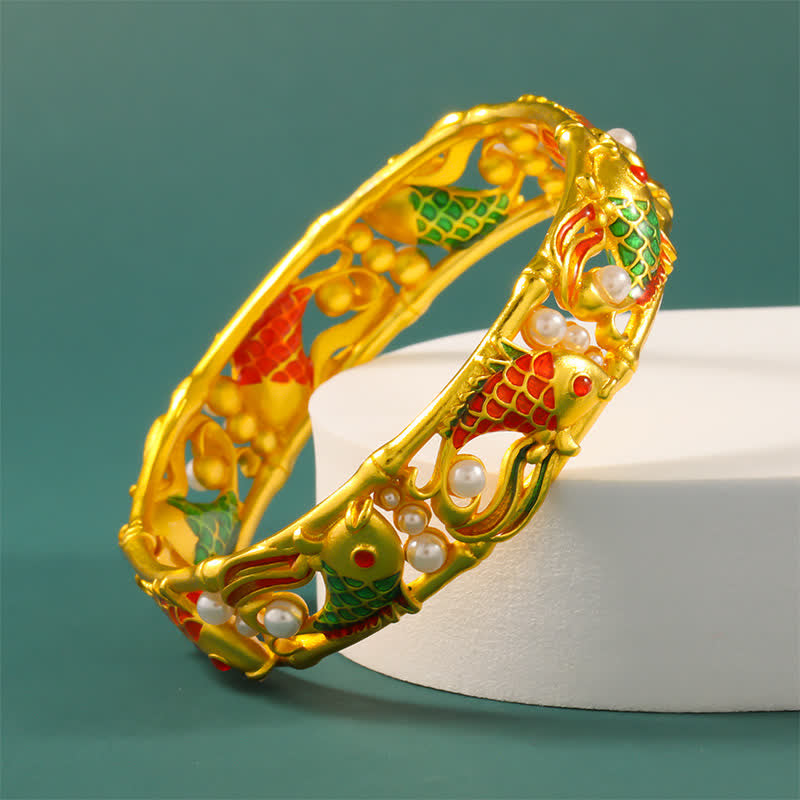 Buddha Stones 金メッキ真鍮製鯉の成就モチーフ ヴィンテージ風中国風カフブレスレット バングル - image 2