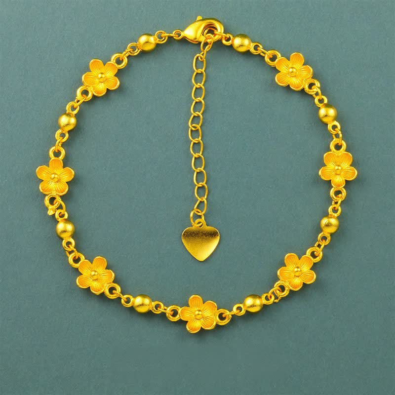 Buddha Stones 金メッキ真鍮製ハートチャーム付き桃の花モチーフブレスレット - 桃の花（手首周り：6.3～7.1インチ／16～18cm） - image 0