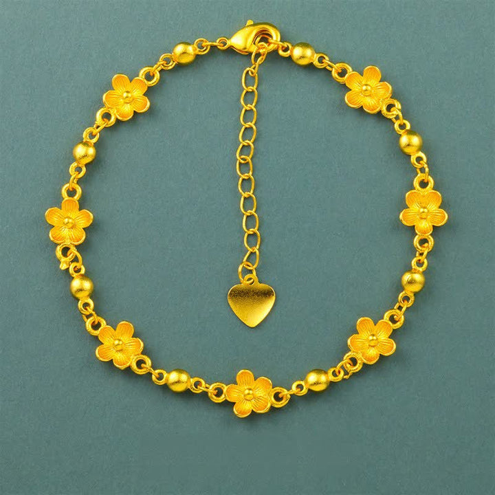 Buddha Stones 金メッキ真鍮製ハートチャーム付き桃の花モチーフブレスレット - 桃の花（手首周り：6.3～7.1インチ／16～18cm） - image 0