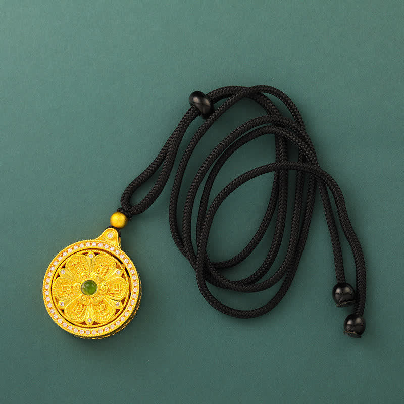 Buddha Stones 金メッキ真鍮製オーム・マニ・パドメ・フム知恵 回転式ラウンドネックレス - 黒いロープ - image 10