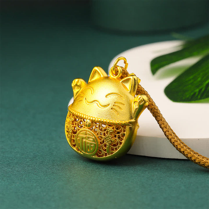 Buddha Stones 金メッキ招き猫の良縁祈願を込めた編み込みロープネックレス - image 2
