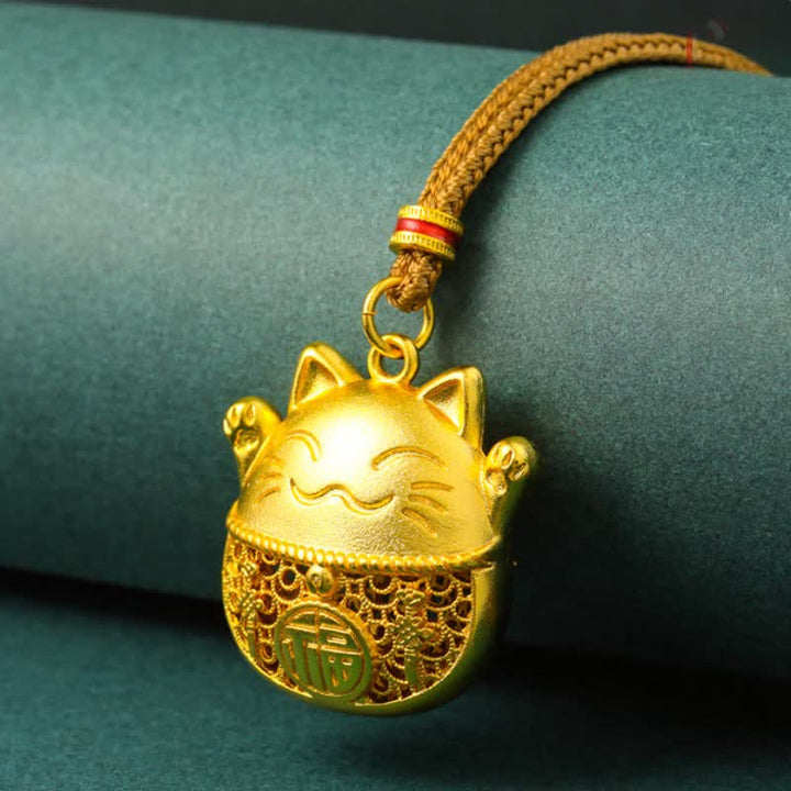 Buddha Stones 金メッキ招き猫の良縁祈願を込めた編み込みロープネックレス - image 1