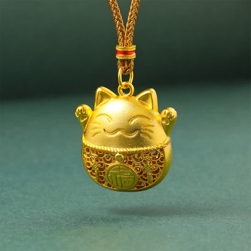 Buddha Stones 金メッキ招き猫の良縁祈願を込めた編み込みロープネックレス - ゴールデンロープ - image 0