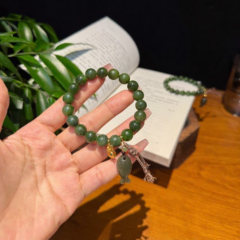 Buddha Stones 天然シアンジェイド鯉豊かさブレスレット - image 1