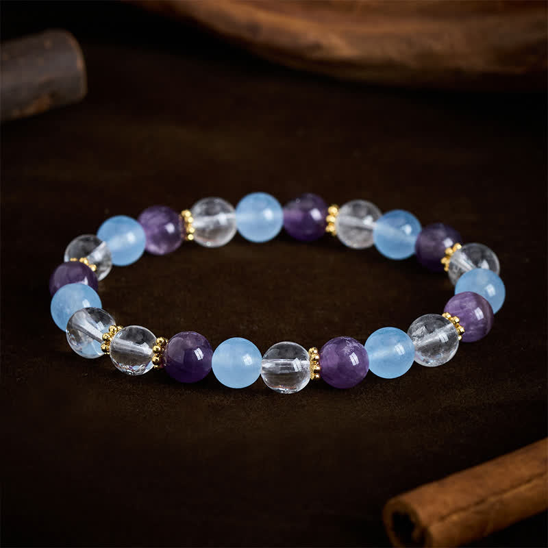 Buddha Stones クリアクォーツ、アメジスト、ブルーカルセドニービーズを使用した守護ブレスレット - image 1
