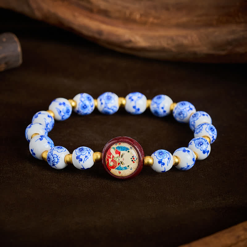Buddha Stones 青と白の磁器製狐の知恵の数珠ブレスレット - キツネ（成就♥知恵） - image 0