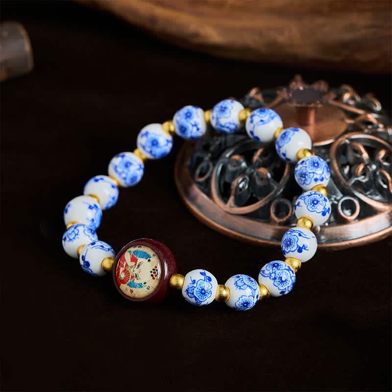 Buddha Stones 青と白の磁器製狐の知恵の数珠ブレスレット - image 1