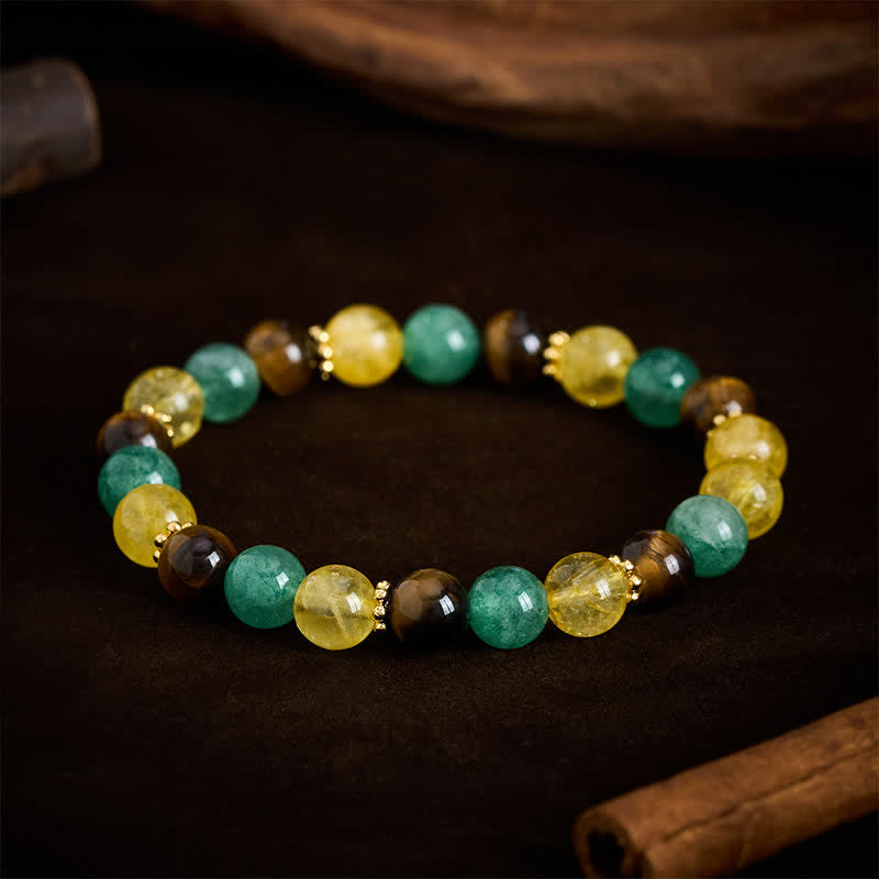 Buddha Stones シトリン、タイガーアイ、グリーンストロベリークォーツビーズの幸せブレスレット - image 1