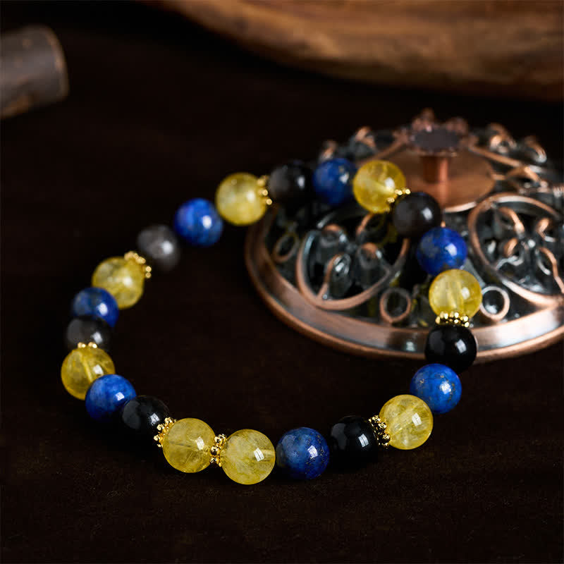 Buddha Stones ラピスラズリ、シルバーシーン、オブシディアン、シトリンビーズのセレニティブレスレット - image 1